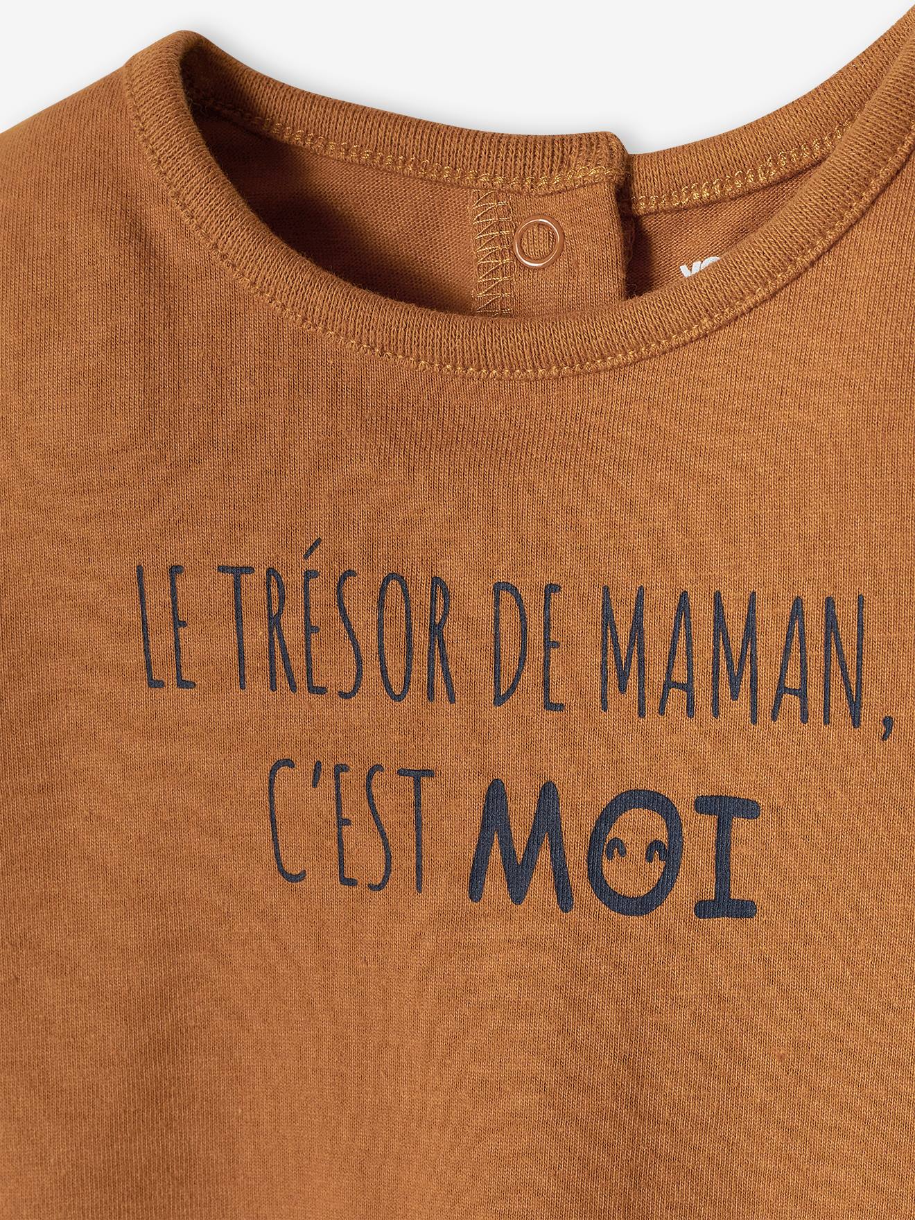 Camiseta bege de manga comprida com mensagem para bebê