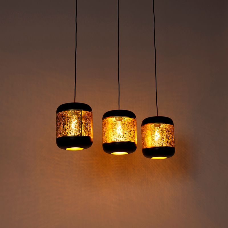 Vintage hanglamp zwart met messing langwerpig 3-lichts - Kayleigh