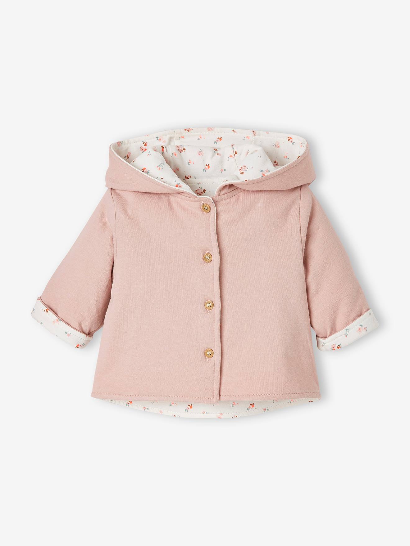 Jaqueta reversível com capuz para bebê, branca lisa com estampas.