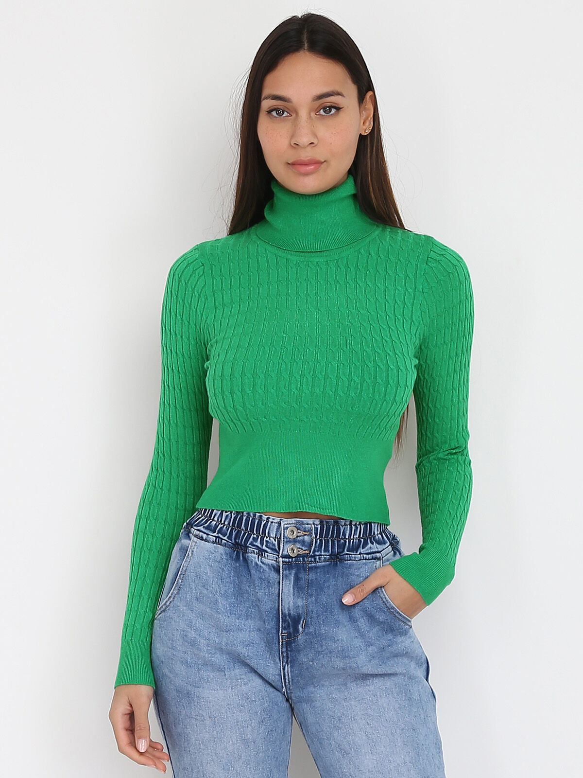Pull en maille torsadée et col roulé- Vert