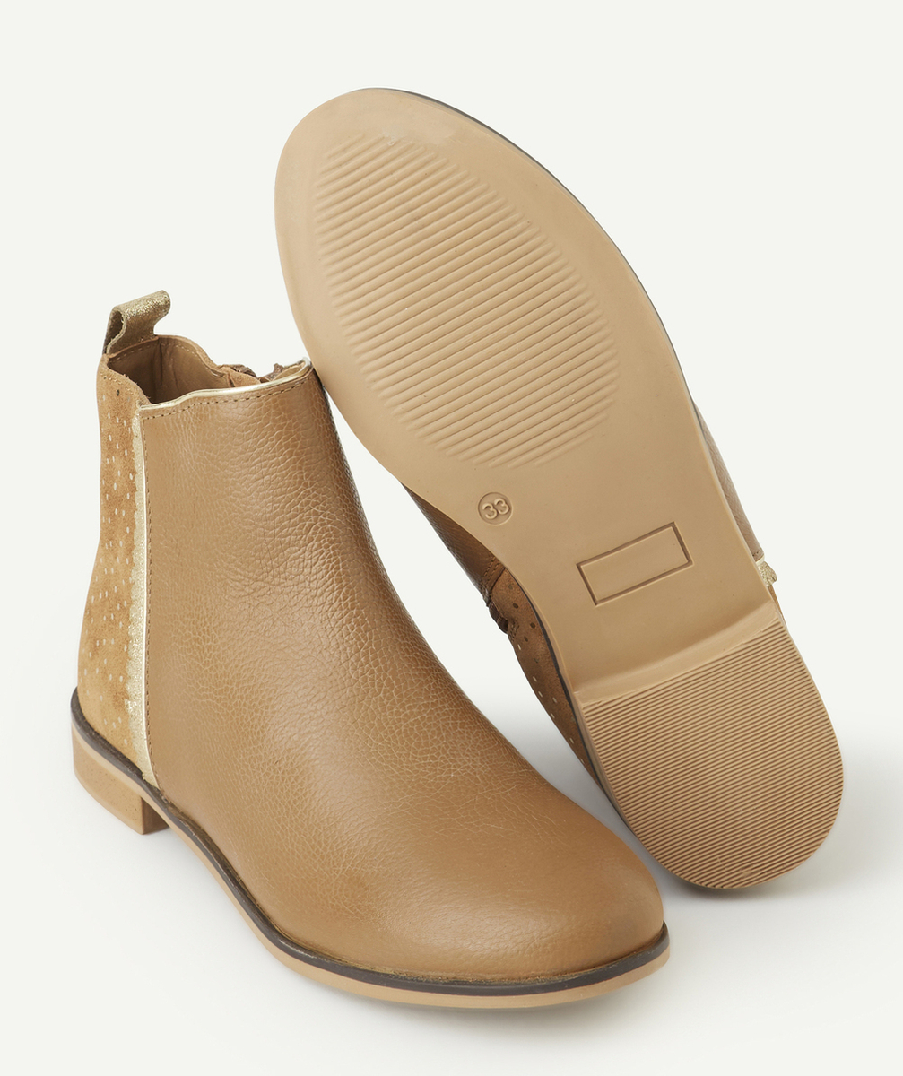 BOTTINES FILLE EN CUIR CAMEL AVEC DÉTAILS À POIS COULEUR DORÉE
