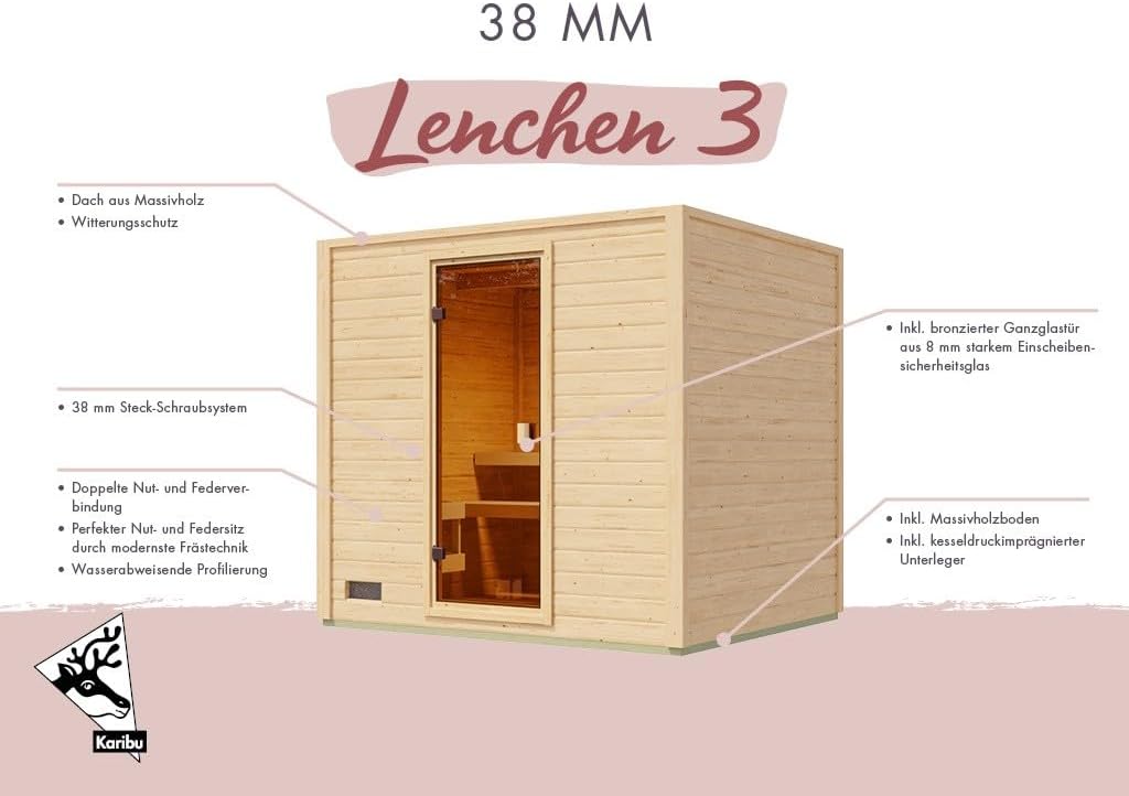 Karibu Gartensauna 230,8x189,9x219,5cm│Garten Sauna aus Fichte 38mm│mit bronzierter Glastür & 2 Liegen│Fronteinstieg│Massivholz│für2–4PersonenmitBoden