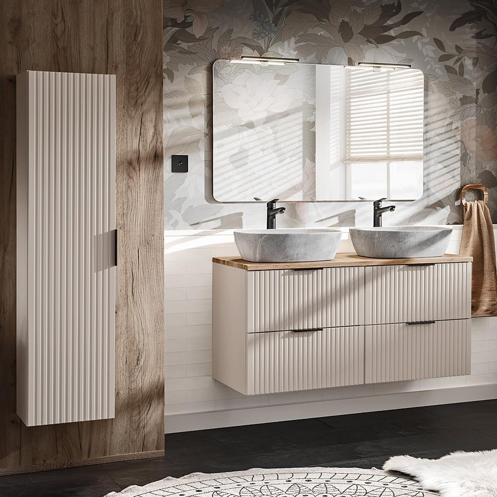 Lomadox Badezimmer Badmöbel Set mit 120cm Waschtisch, 3-teilig, in Kaschmir und Eiche, mit Keramik-Waschbecken, Spiegel, LED-Beleuchtung, Hochschrank