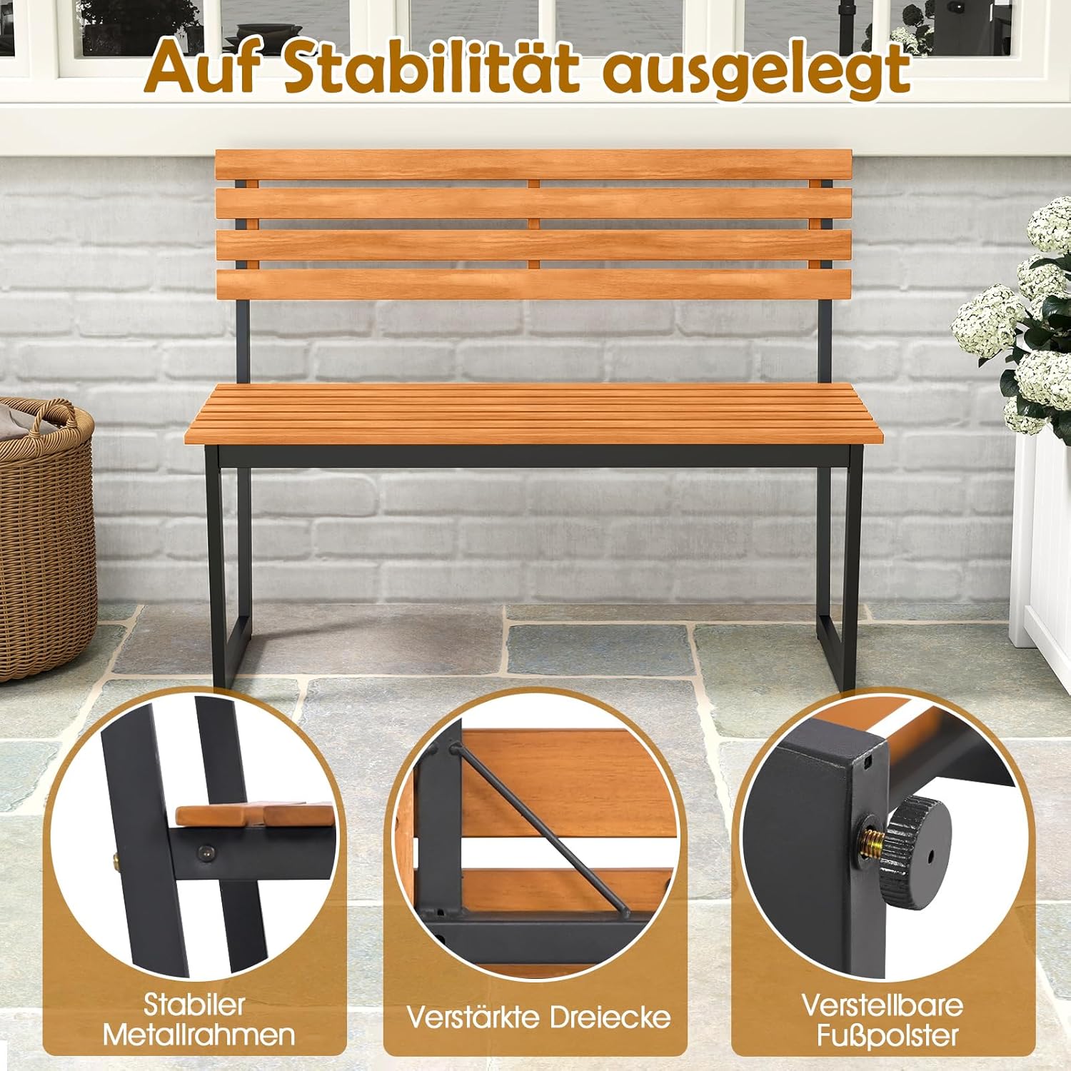 COSTWAY Gartenbank Holz, Holzbank wetterfest, 2-Sitzer Sitzbank aus Akazienholz, Balkonbank mit Metallrahmen, Terrassenbank bis 360 kg belastbar, Parkbank für Garten, Balkon, Terrasse