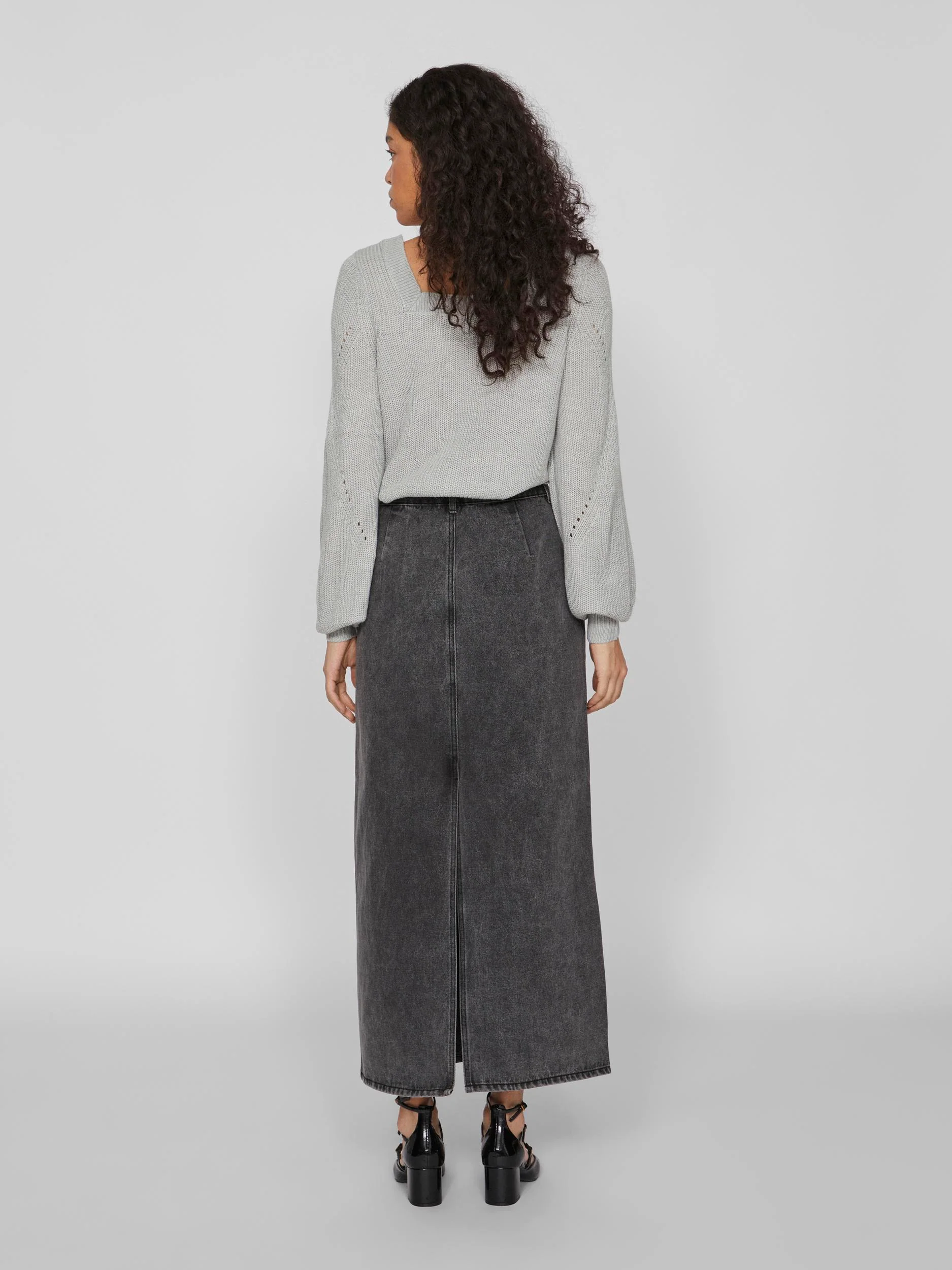Vila  Vikira Long Washed denimnederdel - sort