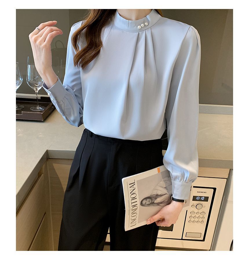 Bamela - Blouse met opstaande kraag en effen kleur