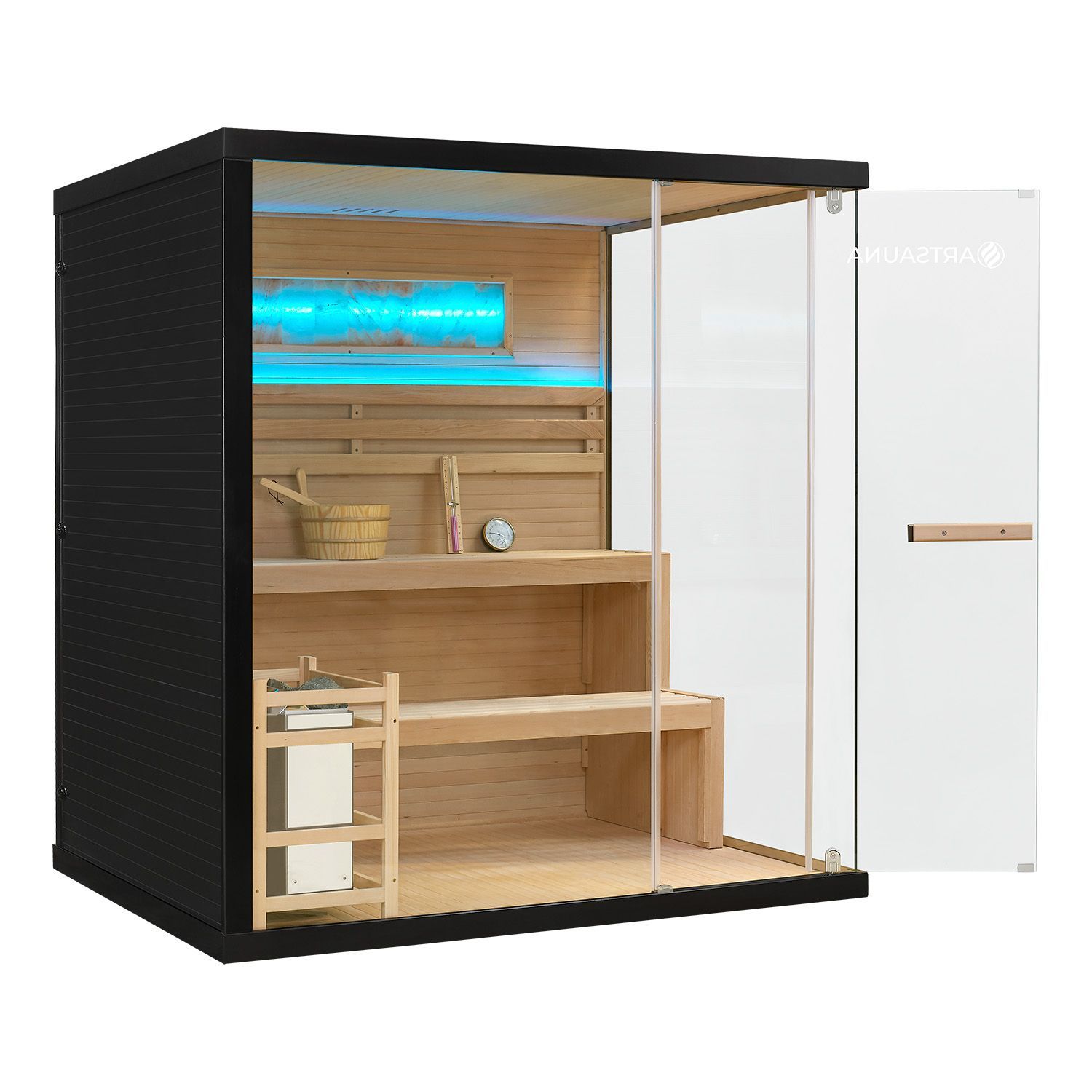 Vorbestellung: Artsauna Saunakabine Vantaa 175 mit Salzstein - Indoor Sauna für 4 Personen, 8 kW Ofen, Glasfront
