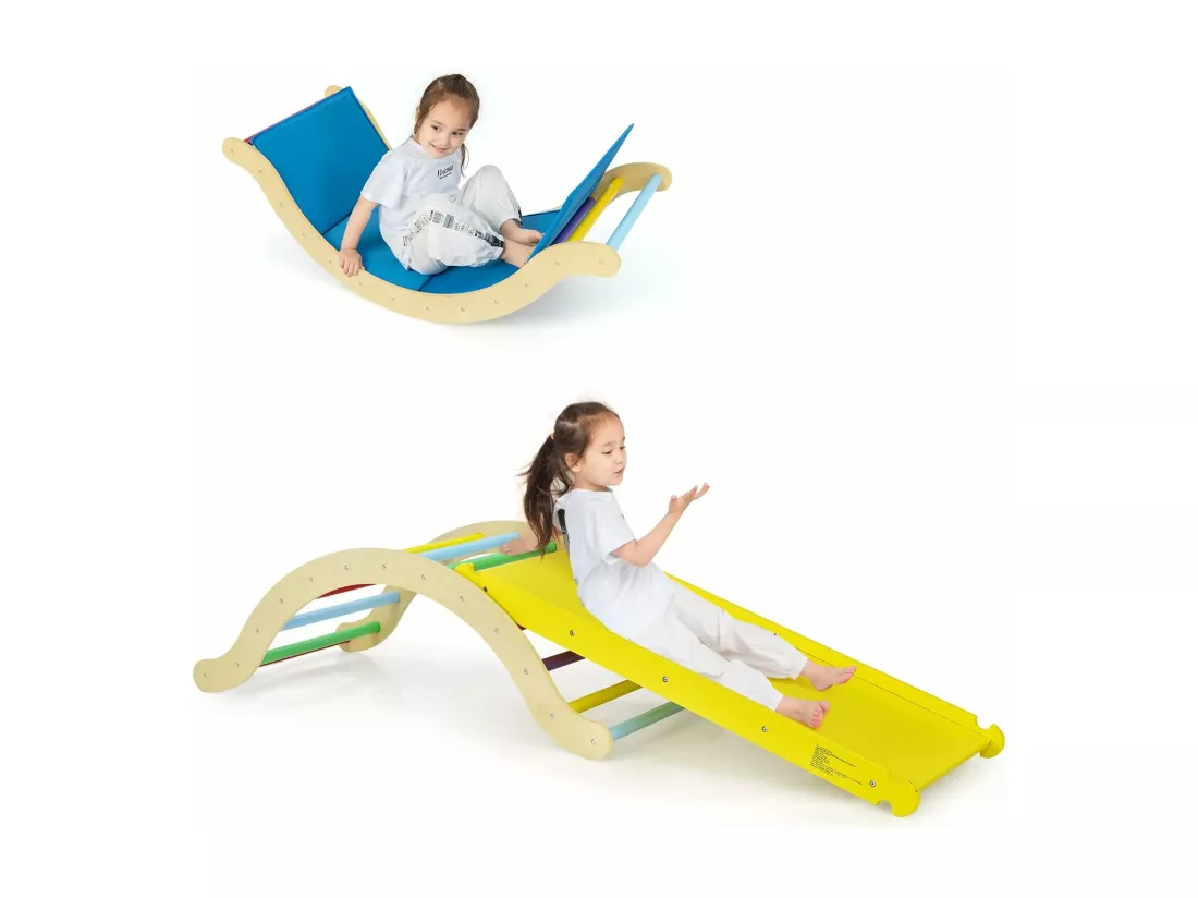 4 en 1 Triangle d'escalade Enfants avec Rampe Réversible &Réglable, Jouet d'arc d'escalade Moderne en Bois avec Coussin Doux pour Glisser Grimper, Charge 60KG pour Enfants de 1 Ans+