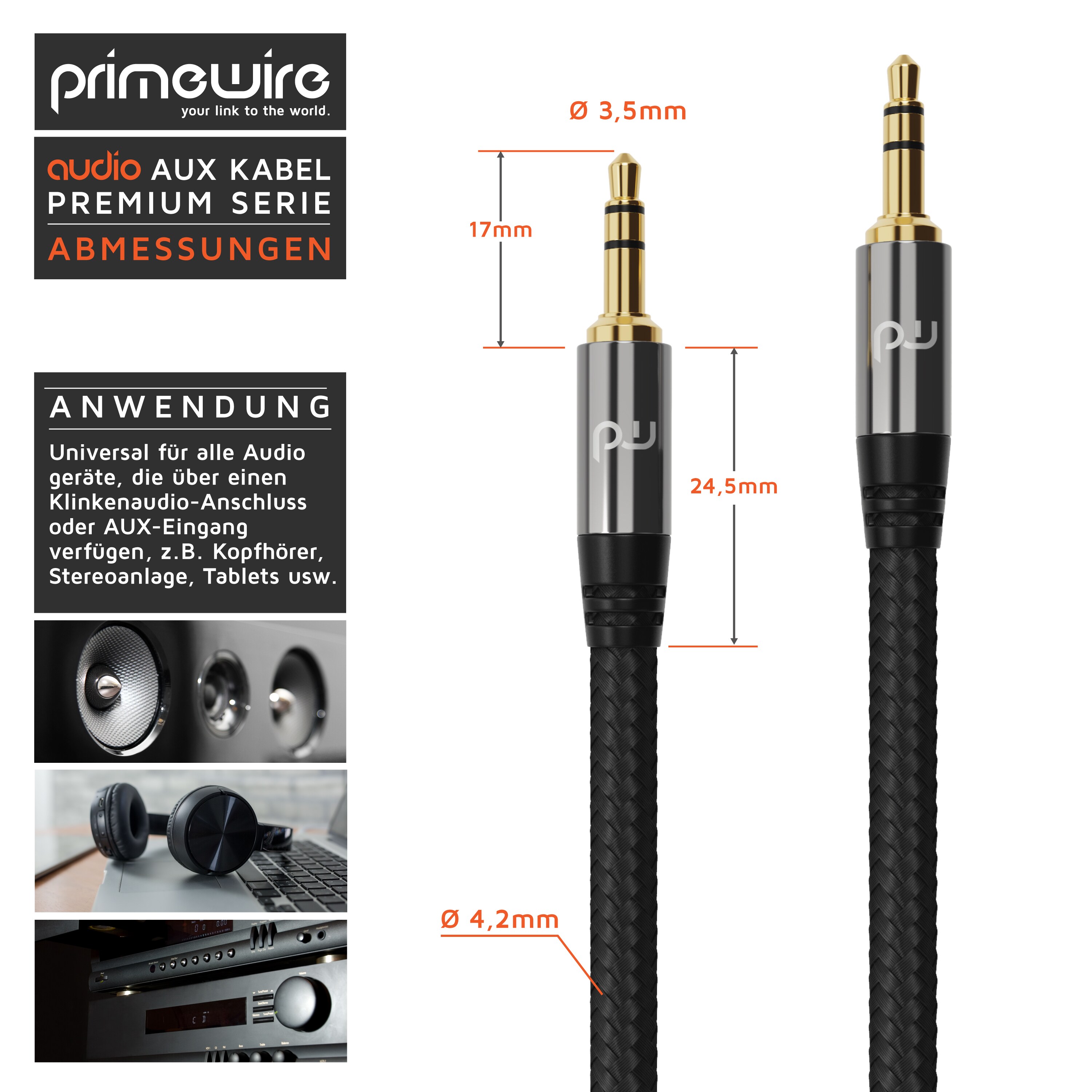 Primewire Klinkenkabel 3,5 mm AUX - Audiokabel mit Nylonmantel - 5m