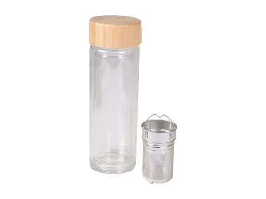Bouteille à thé avec infuseur en verre et bambou - Beige/Transparent - 0,3L - D 6,6 x H 19 cm