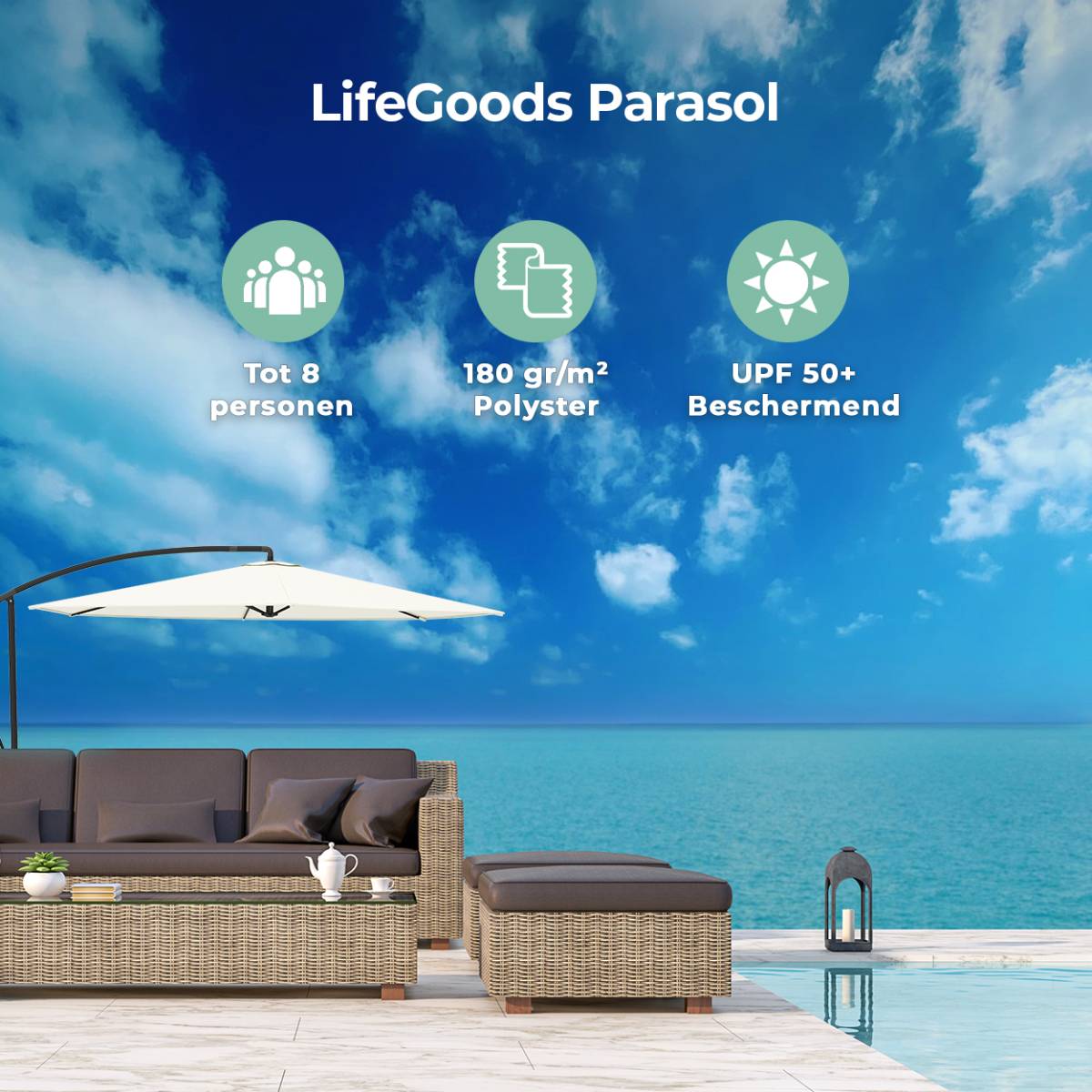 LifeGoods 300 cm zweefparasol met hoes en kruisvoet - Cream