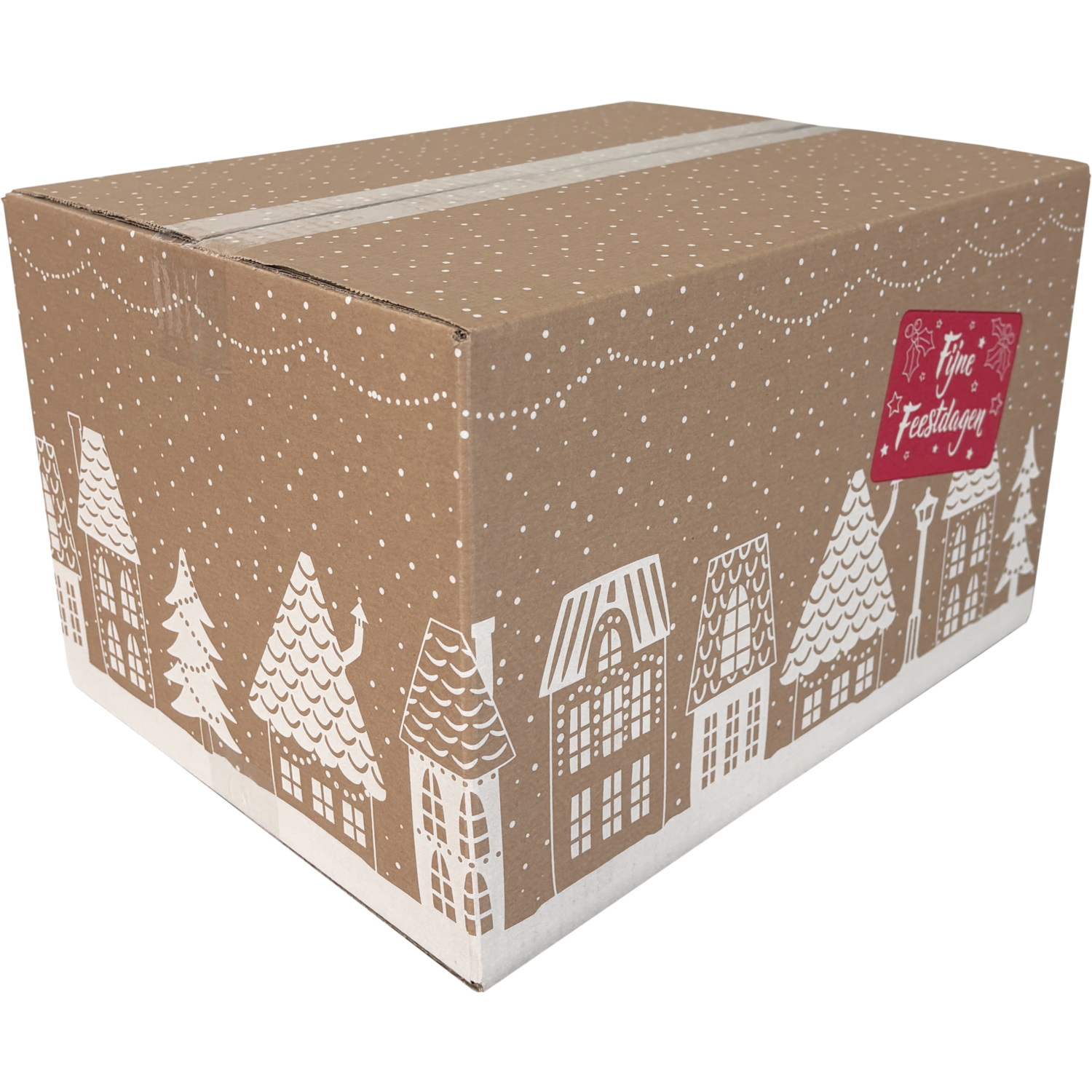 Kerstpakketdoos, Huisjes, golfkarton, 39x29x23cm, Kerstmis, c,