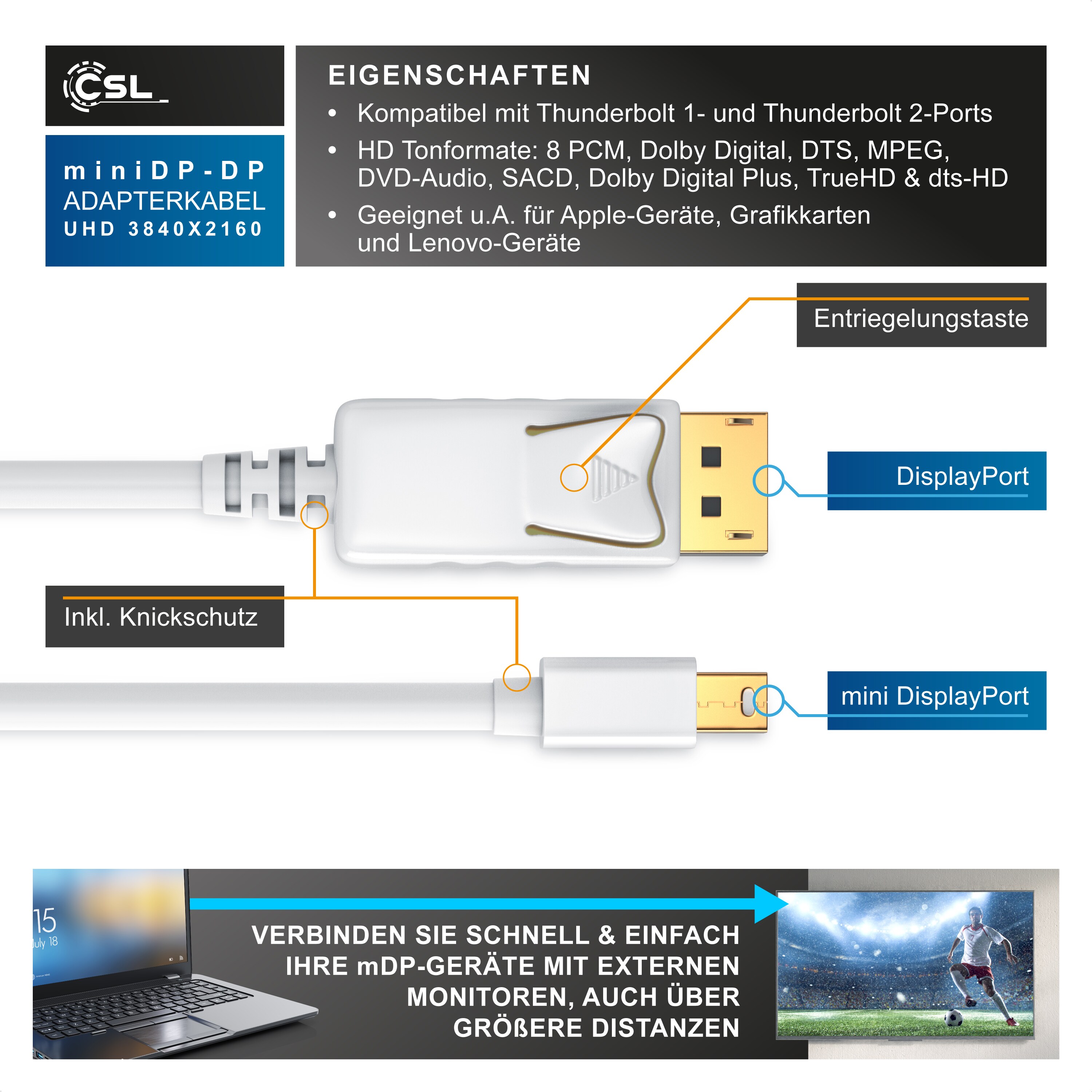 CSL Mini DisplayPort zu DisplayPort Audio- & Video-Kabel, FullHD MiniDP Monitor Kabel, Verbindungskabel - 2m