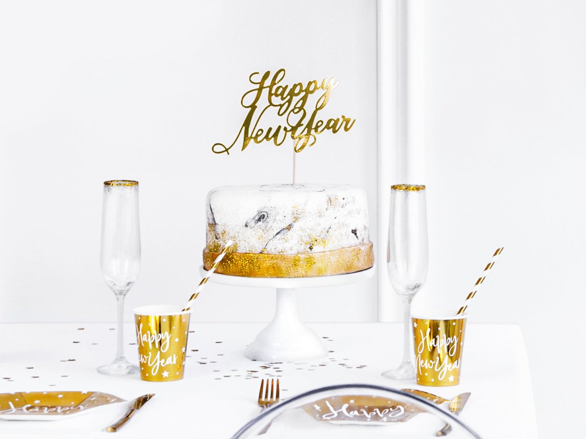 Taarttopper Happy New Year Goud 24cm