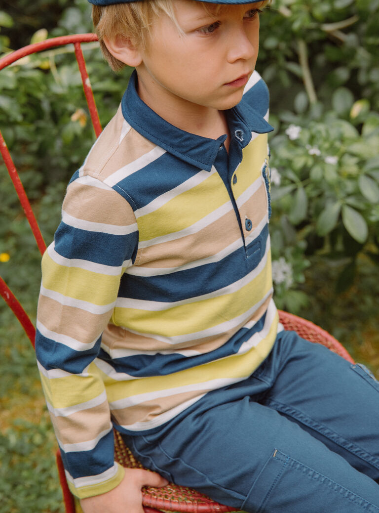 Polo bleu marine, beige et vert à imprimé à rayures