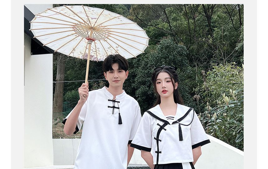 Azure - Matching Hanfu-top met korte mouwen en kwastjes in twee kleuren / geplooide midi-A-lijn rok met hoge taille / effen broek met rechte pijpen