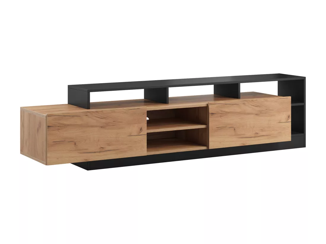 Meuble TV 2 portes et 6 niches avec LEDs - Naturel clair et Anthracite - IDESIA