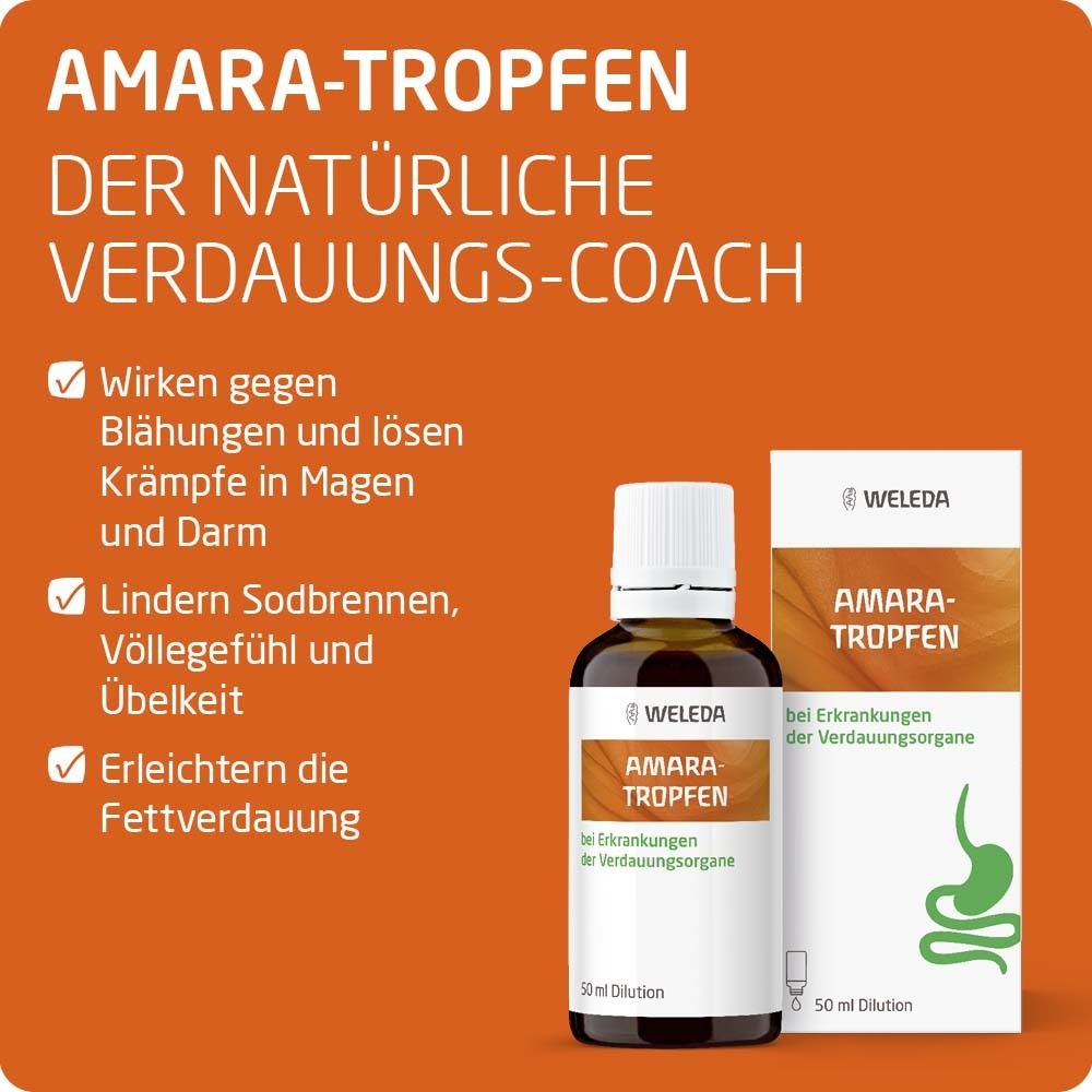 Amara-Tropfen bei Verdauungsstörungen, z.B. Sodbrennen, Übelkeit, Blähungen – mit Bitterstoffen