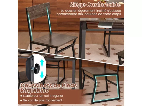 Table à Manger avec 4 Chaises, Cadre en Métal Noir, Table de Cuisine avec Étagère Rectangulaire avec 4 Chaises, 110x70 cm (Gris)