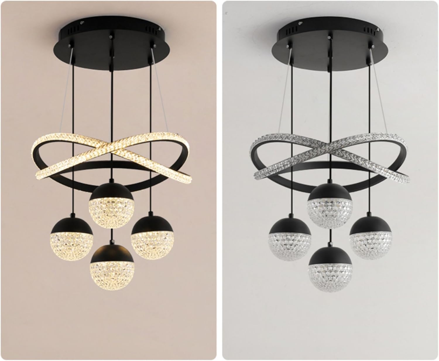 LED Pendelleuchte Schwarz dimmbare mit Fernbedienung 3000k-6500k Moderne 4 Ball Kristall Hängelampe 54W Esszimmerlampe hängend höhenverstellbar Esstischlampe für Wohnzimmer Esszimmer Schlafzimmer