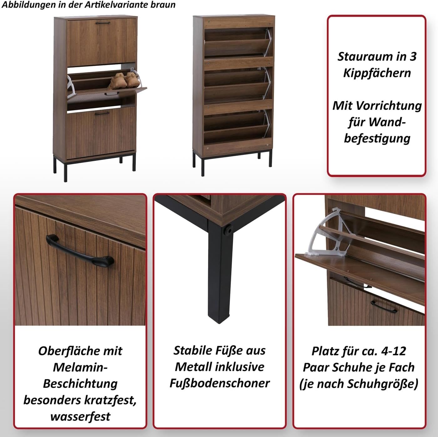 Mendler Schuhkipper HWC-P48, Schuhregal Schuhschrank, 3 Kippfächer Ablage MDF Melamin 125x60x25cm - braun