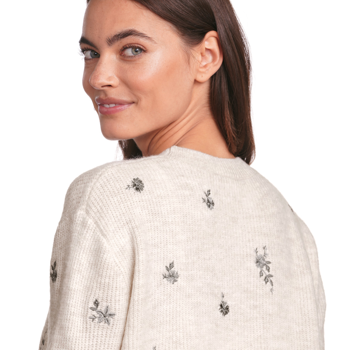 Gina Damen Strickpullover mit Stickerei creme