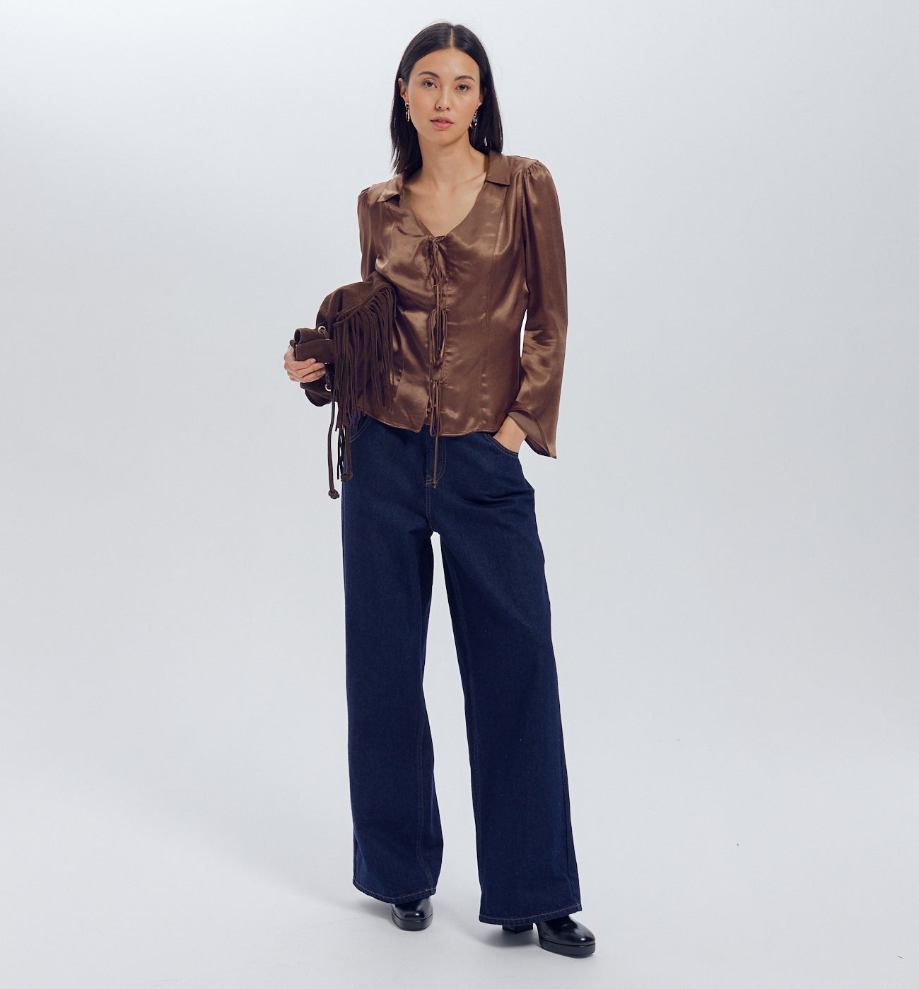 Blouse en satin uni Femme - Marron moyen