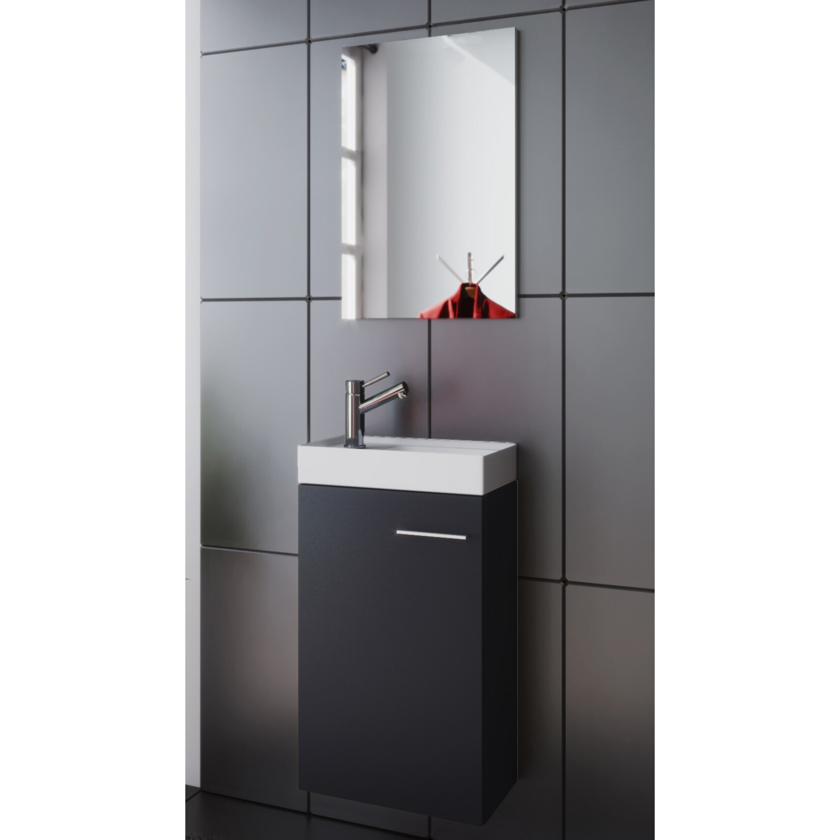 VCM Waschplatz Waschbecken Schrank + Spiegel WC Gäste Toilette Badmöbel klein schmal 