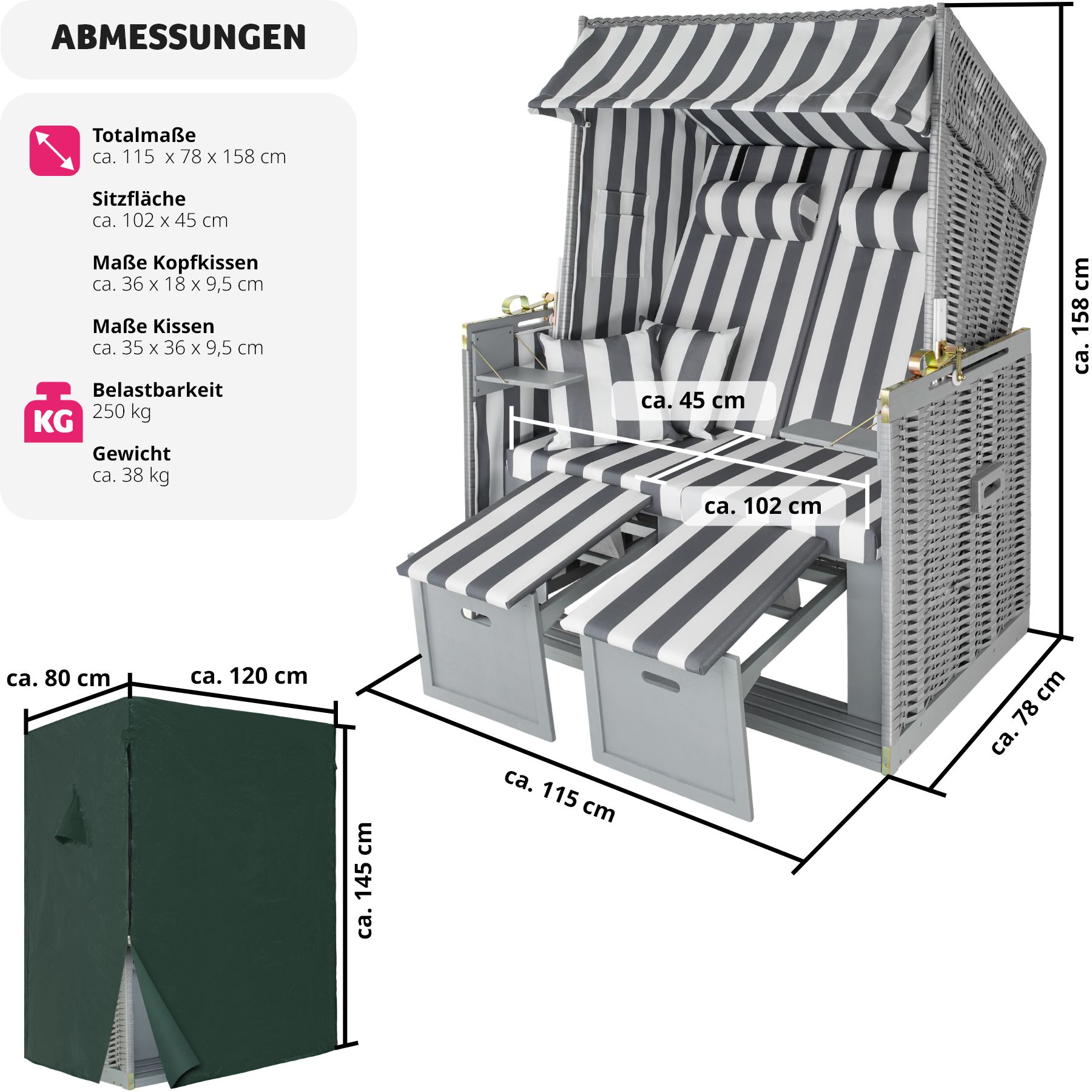 tectake® Strandkorb, gepolstert mit ausziehbaren Fußbänkchen, klappbare Seitentische und weitere Extras, 115 x 158 x 78 cm