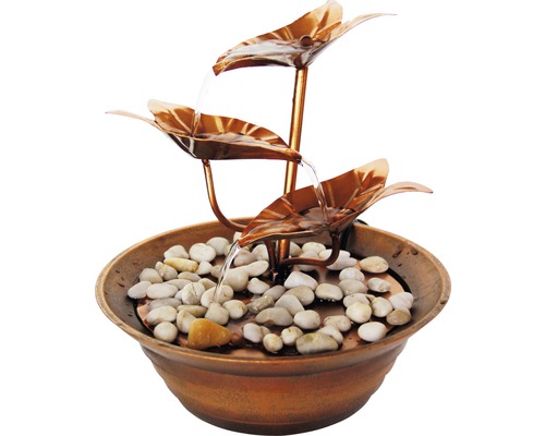 Design binnenfontein met bladeren, 22,5x22,5x23,5 cm, kunststeen brons, inclusief slang en pomp.