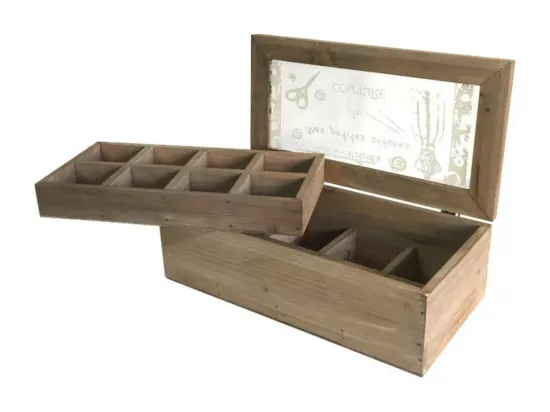 Boîte de rangement coffret à couture mercerie vitrée bois marron 34cm