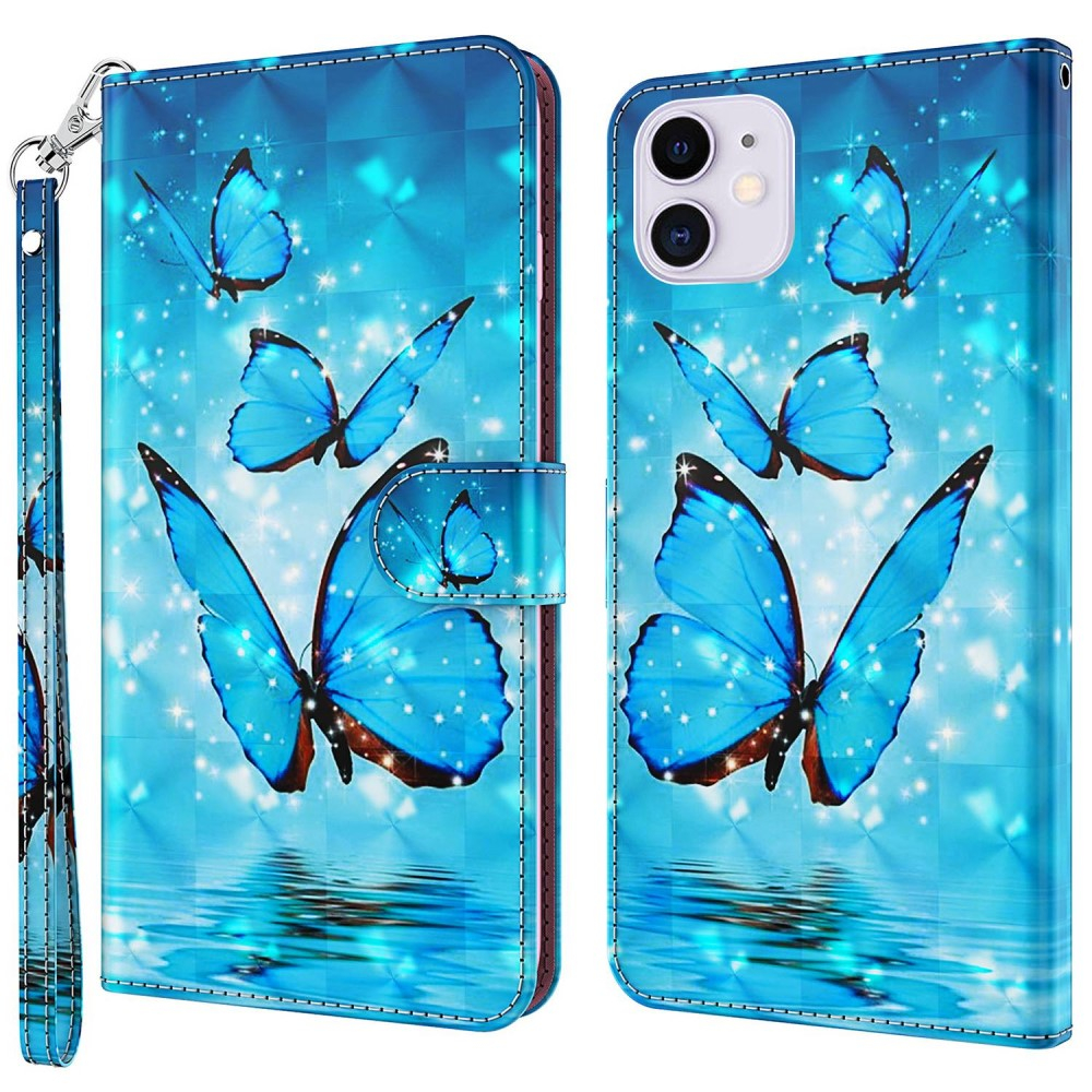 iPhone 14 Leder Tasche mit Kartenfach   Handschlaufe - Schmetterling (Blau)