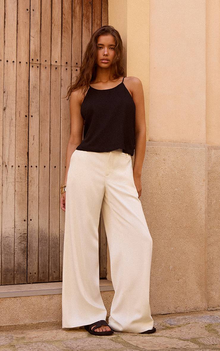 Ecru Pantalon Large En Satin Avec Détails Ajustés