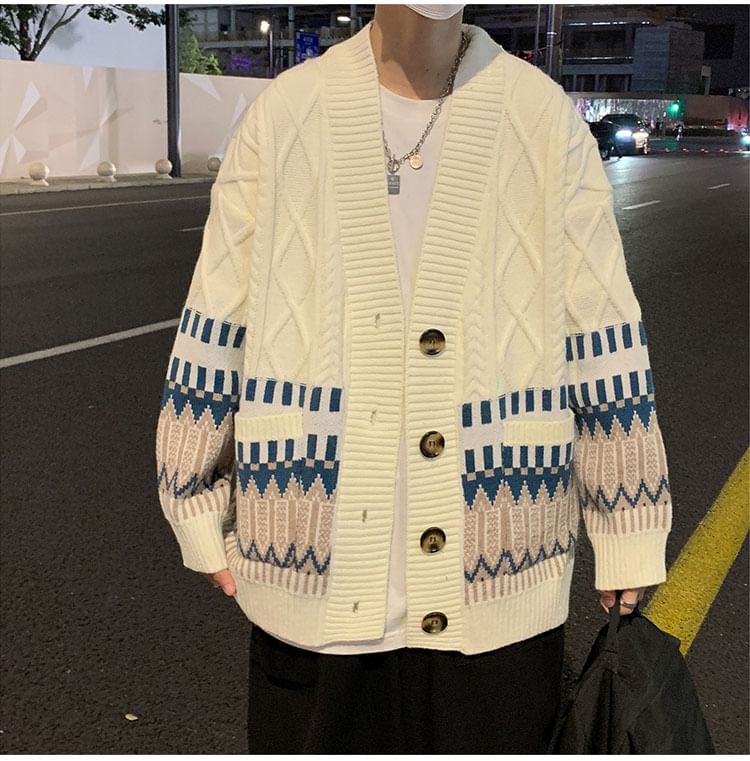Whyessa - Oversized gebreide cardigan met lange mouwen en V-hals in kleurblokmotief