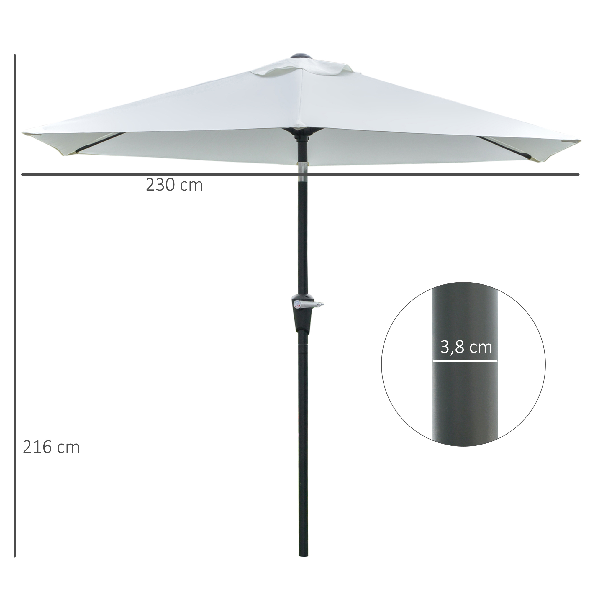 Guarda-sol de jardim Outsunny Ø230x216 cm com abertura manual, ângulo ajustável e impermeável para varanda e piscina, cor creme.