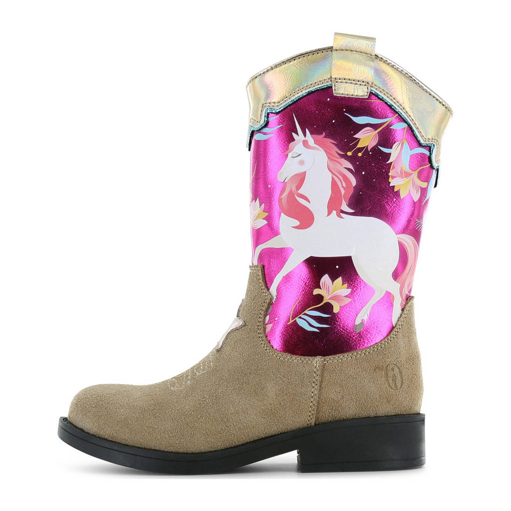 Shoesme suède cowboylaarzen beige/fuchsia