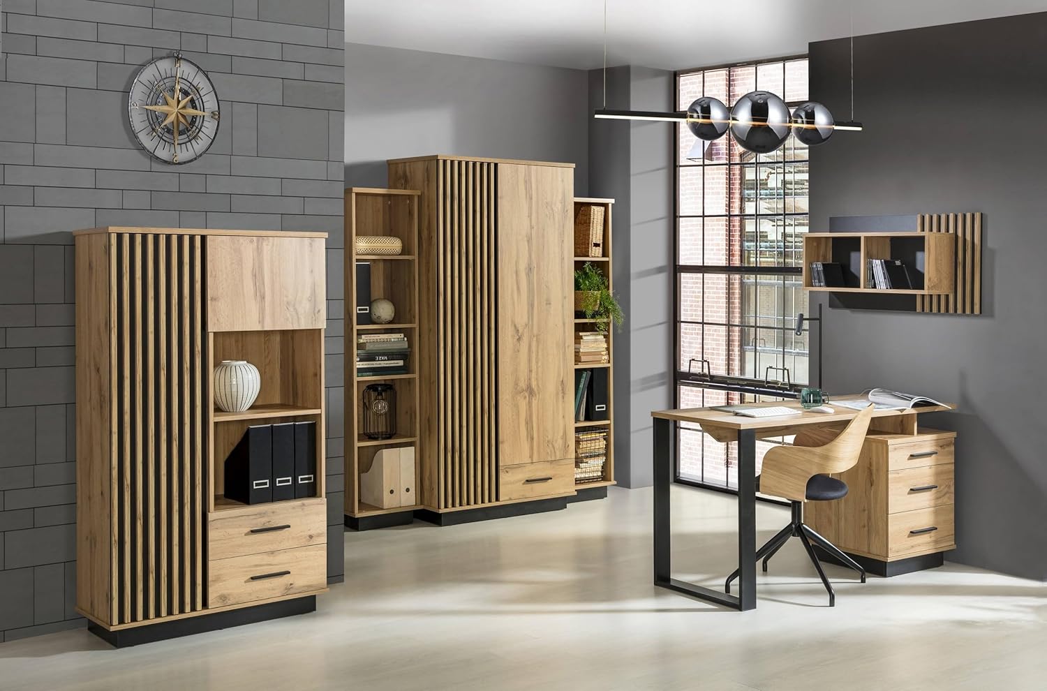 Generisch LAMELO LA3 Modern Wohnzimmer & Esszimmer Vitrine, 90cm, Wotan Eiche/Schwarz, Laminat, Vitrinenschrank, 40x90x194cm, 8 Glasregale, Wandmontage, 2 Scharniertüren