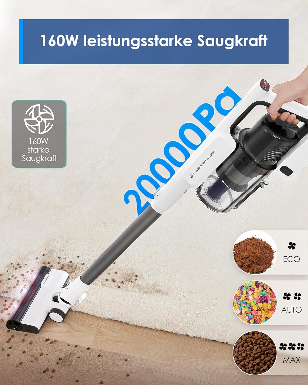 Tineco A30S Akku Staubsauger, Kabelloser Stabstaubsauger 160W 20000pa 60 Min Laufzeit, Handstaubsauger mit 1L Staubbehälter ZeroTangle Bürste für Tierhaare, Akkustaubsauger für Hartböden