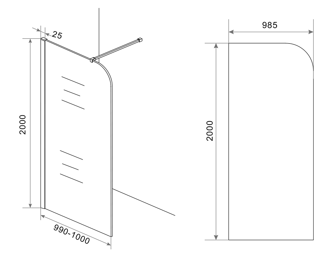 Mueller Curvello afgeronde glaswand 100x200cm met rookglas anti-kalk
