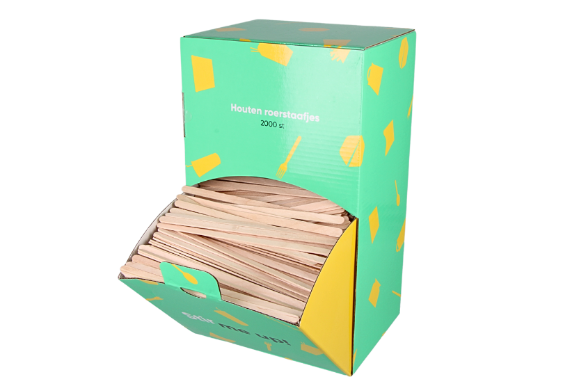 Roerstaafjes in dispenser box 14cm FSC 100% Hout