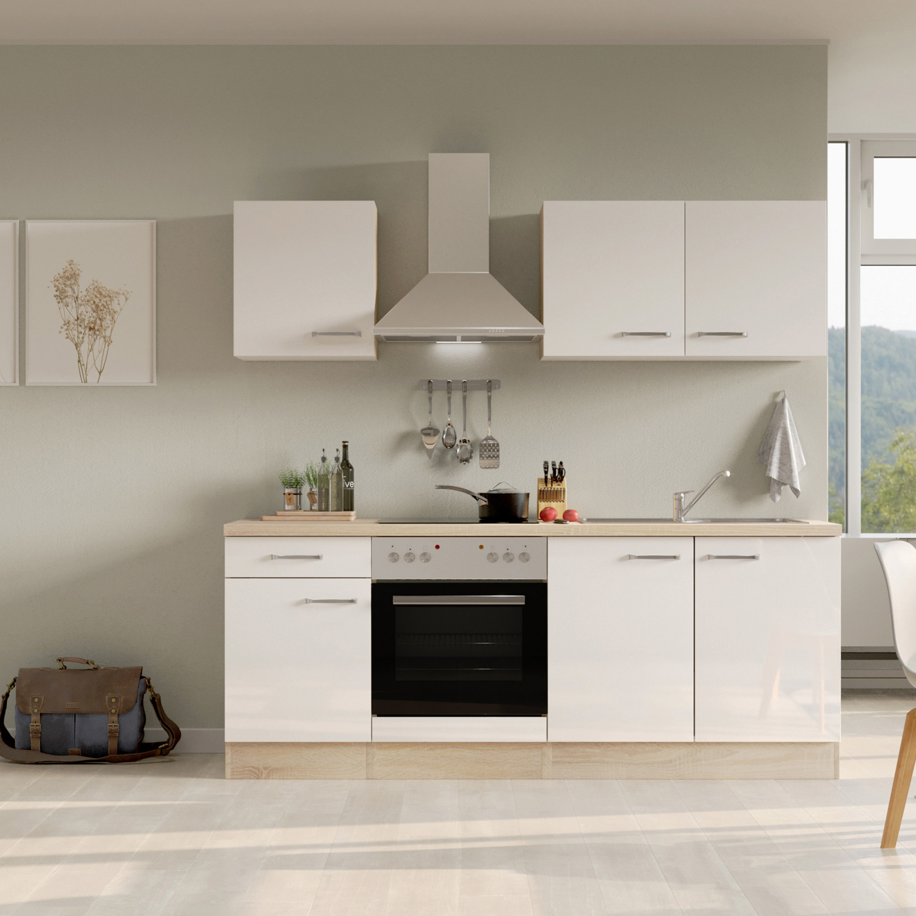 Küchenblock VALERO - weiß Hochglanz - Sonoma Eiche - mit E-Geräten - 210 cm