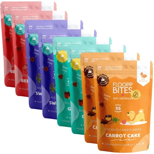 FlooppBITES petiscos macios e naturais, pacote com 4 sabores para cães