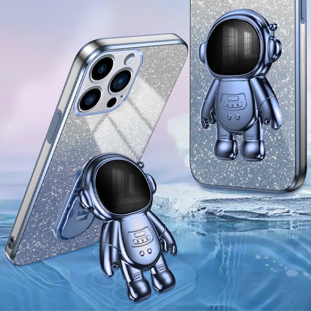 iPhone 14 Pro Max Hybrid Hardcase Glitzer Hülle   Astronauten Kickstand Aufsteller   Kameraschutz - Blau / Silber