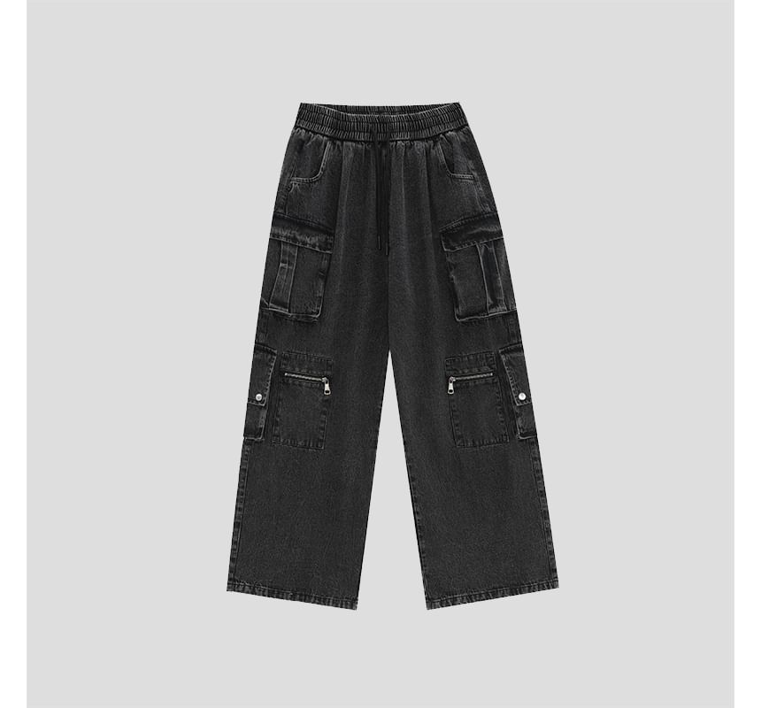 INStudio - High Waist Washed Wide Leg Cargo Jeans