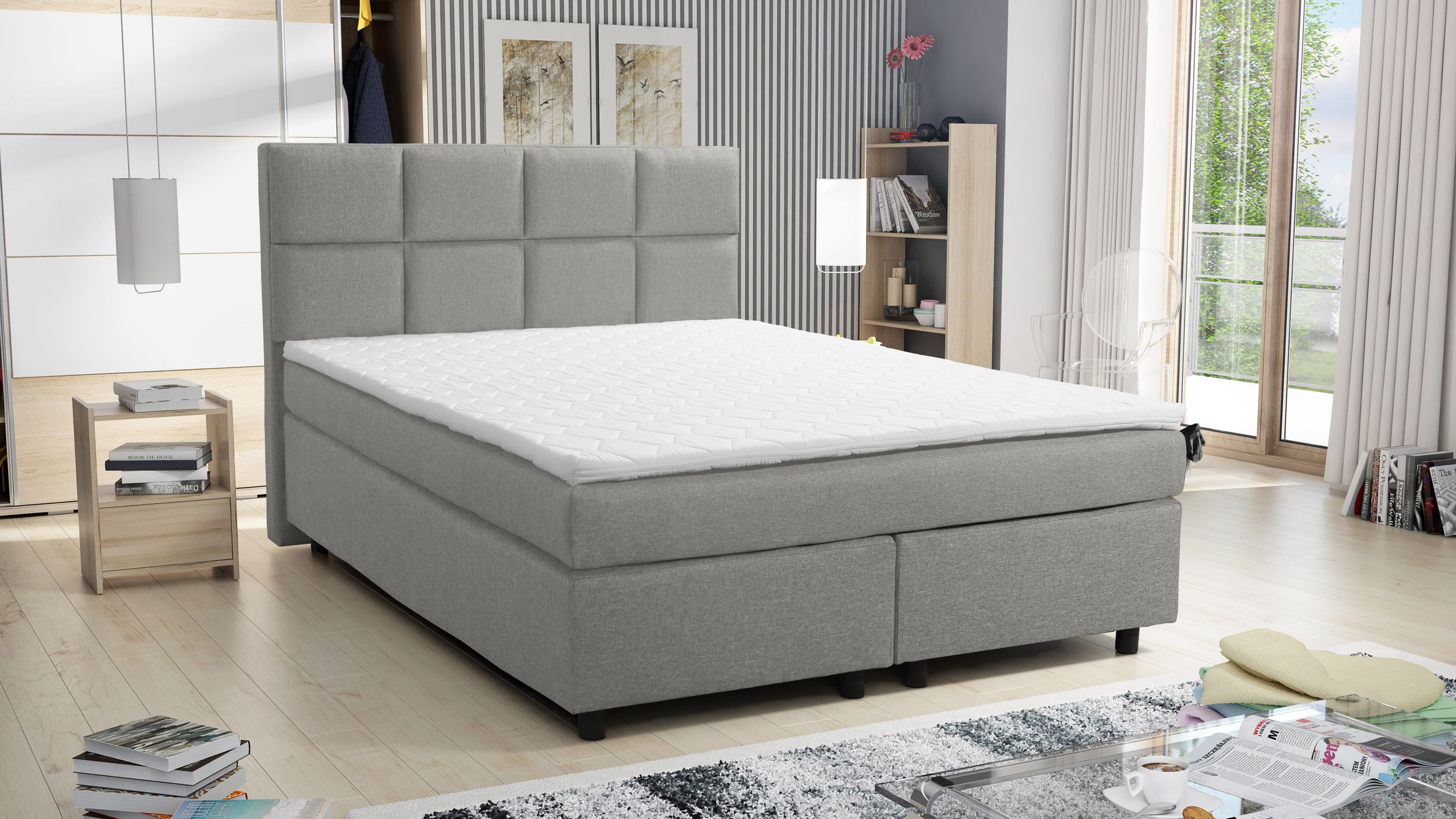 Boxspringbett 140x200 Hotelbett Bonellfederkern Bett Topper Paxos 1 Tablet hellgrau