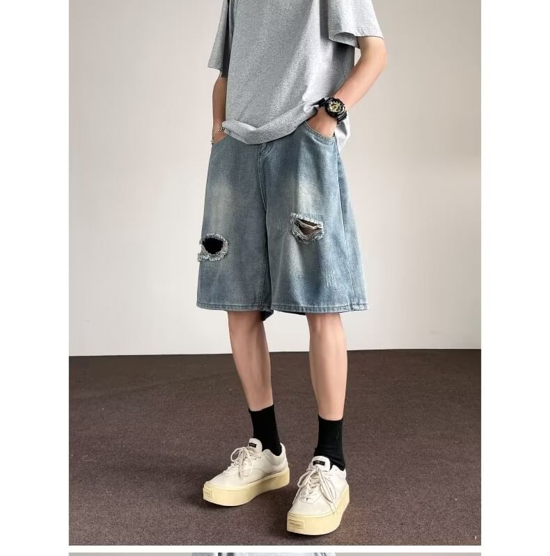Kimeya - Mid Rise Washed Distressed Wide Leg Denim Shorts