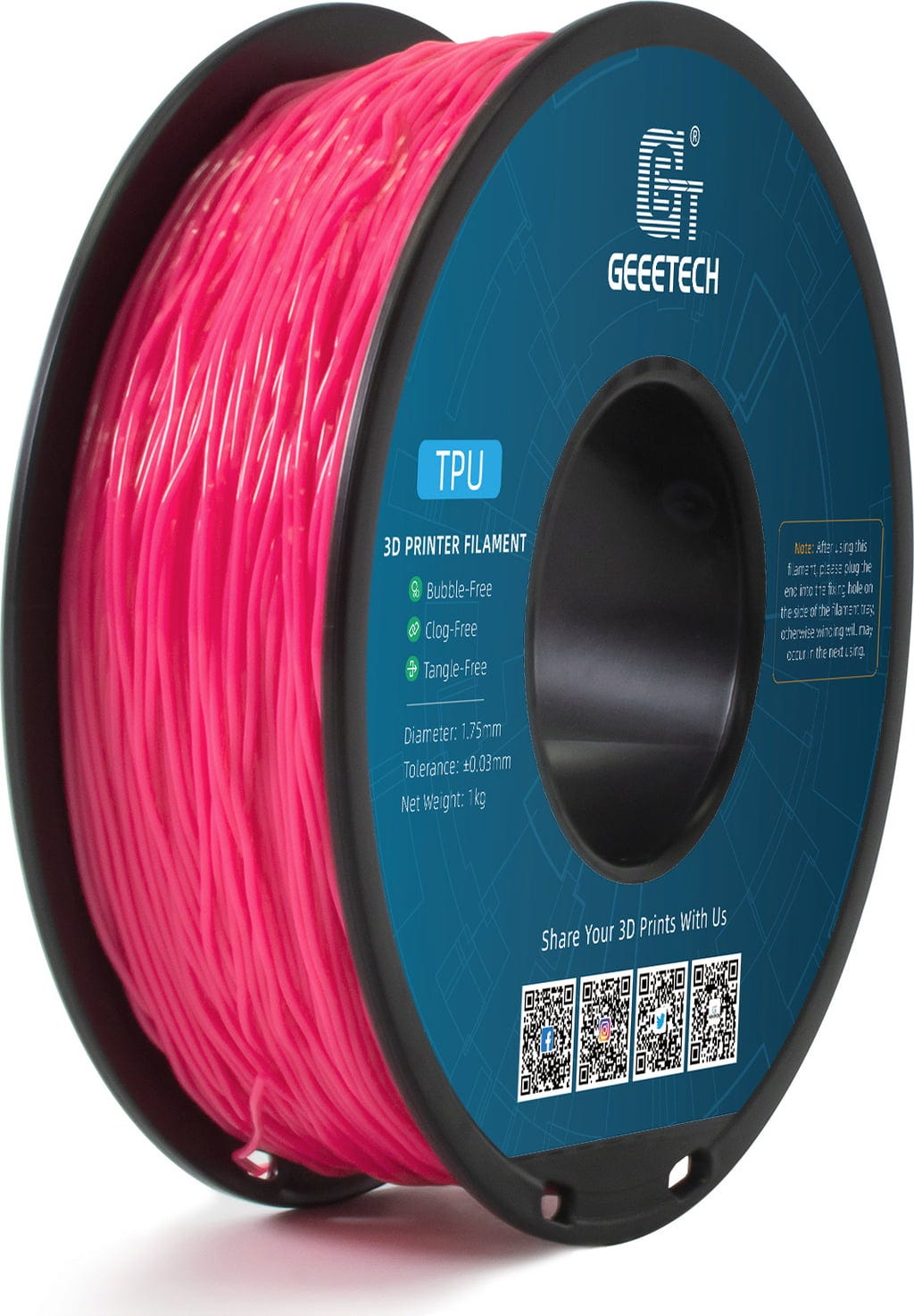 GEEETECH  TPU Pink, 1,75 mm / 1000 g    Weiches TPU-Material mit hoher Flexibilität & Belastbarkeit in Pink