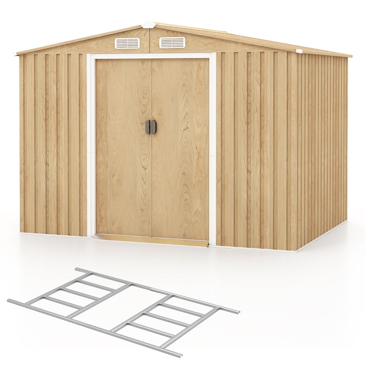 Abri de Rangement 259cm x196cm avec Base de Fondation Maison à Outils en Métal Galvanisé avec 4 Aérations Imperméable et Coupe-vent Naturel - Lidl-Manfred