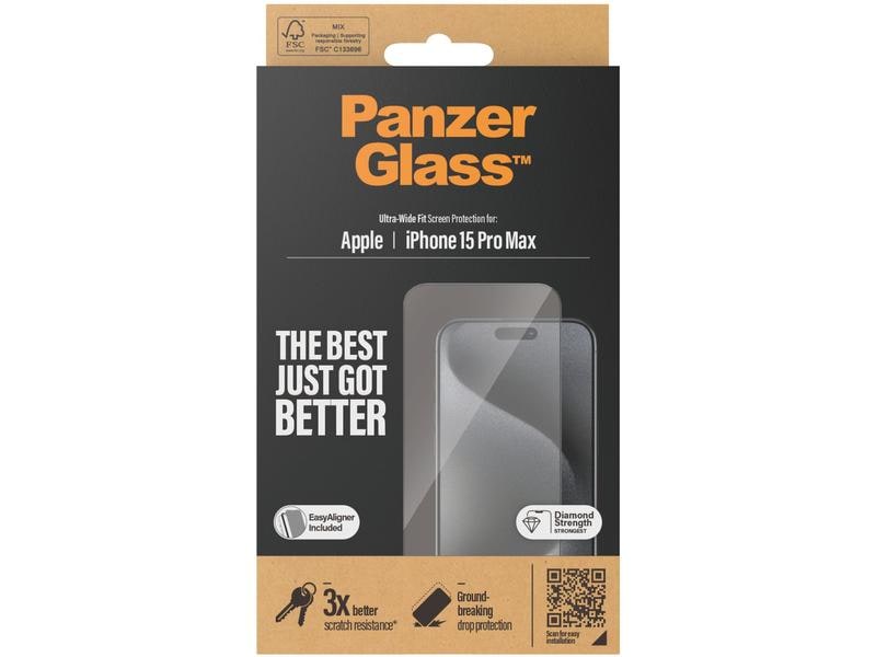 Panzerglass Displayschutz Ultra Wide Fit iPhone 15 Pro Max Display-Schutzfolie mit Applicator für das Apple iPhone 15 Pro Max
