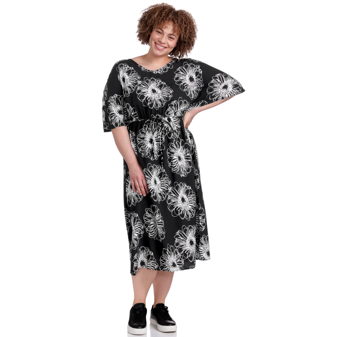 Gina Benotti Damen Kleid mit Blumen allover schwarz / weiss